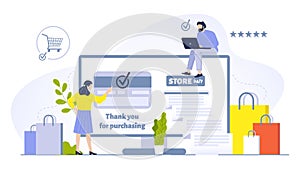 People buying online concept illustration. Woman doing purchases using computer and having credit card verification