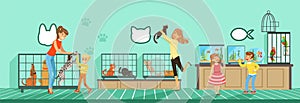 People buying pets from pet store Illustration in flat style