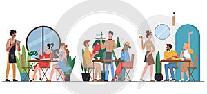 People in cafe flat vector illustration, cartoon friend or couple characters sitting at tables, dining and talking