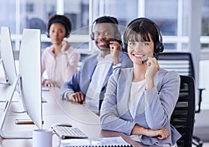 People, call center and portrait smile for telemarketing, customer support or service at the office. Group of