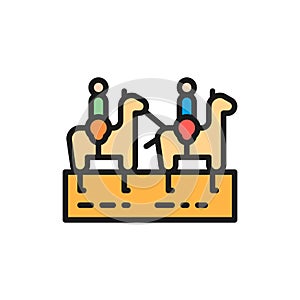 People on camels, caravan, desert tourism flat color line icon.