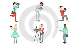 People with cameras and smartphones. Set of vector illustrations.