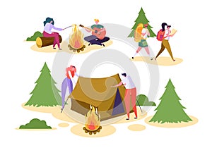 People Camping Forest Nature Set. Man Woman Walk Hiking Backpack in Wildlife Park. Couple Character Roast Marshmallow