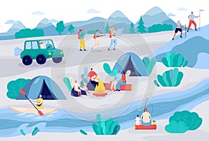 People camping and hiking in nature, vector illustration