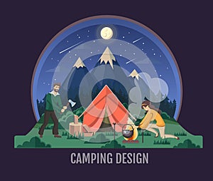 People camping in the wild nature. Mountain landscape. Outdoor adventure. Flat style vector illustration. Night scene photo