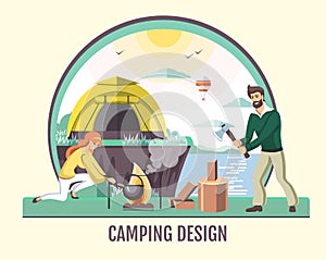 People camping in the wild nature. Outdoor adventure. Flat style vector illustration photo