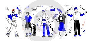 People in car repair shop and mechanic in repair services, vector illustration