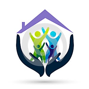 People care family care home house roof children Helping  real estate open caring  hold family logo icon vector