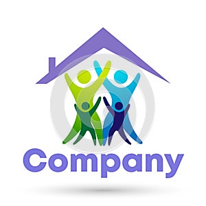 People care family care home house roof children Helping  real estate open caring  hold family logo icon vector