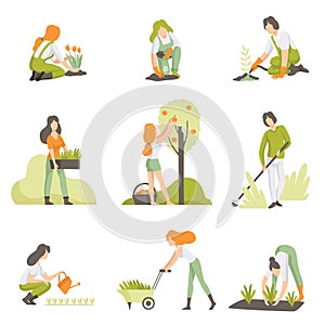 People caring for plants in the garden set, men and women growing agricultural products vector Illustration