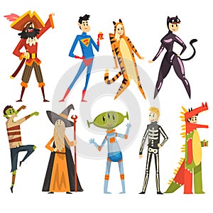 People in carnival costumes set, funny persons dressed as a pirate, magician, tigress, superman, dinosaur, alien, zombie photo