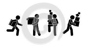 People carry boxes, loader and courier icons set, stick figure man, stickman delivers cargo