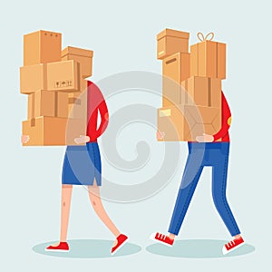 People carrying boxes stack. Cartoon man and woman with heavy carton box pile. Family couple carry packages. House