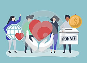 People carrying donation and charity related icons