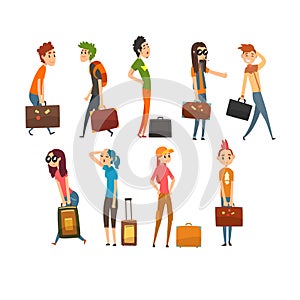 People carrying heavy suitcases set, young man and woman traveling on vacation cartoon vector Illustration on a white