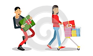 People carrying shopping bags and boxes with purchases set. Happy customers taking part in seasonal sale at store vector
