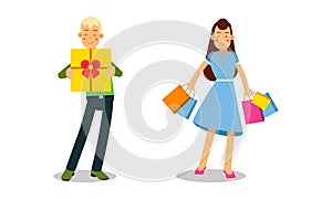 People carrying shopping bags and gift boxes. Man and woman taking part in seasonal sale at store, mall vector