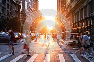 People and cars crossing a busy intersection on 5th Avenue and 23rd Street in New York City with the light of summer sunset