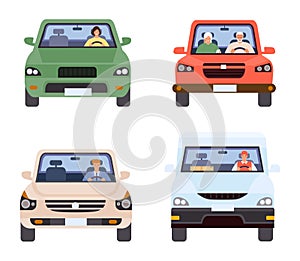 People in cars front view, collection of vehicles