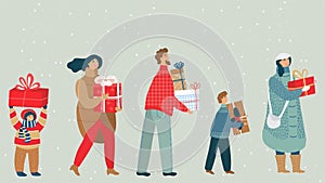 People cartoon characters carrying Christmas presents, family vector illustration