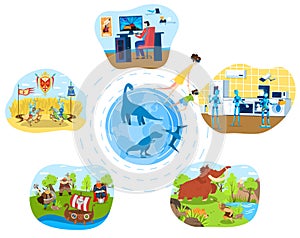 People cartoon characters explore world in virtual reality glasses, innovative technology vector illustration