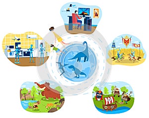 People cartoon characters explore world in virtual reality glasses, innovative technology vector illustration