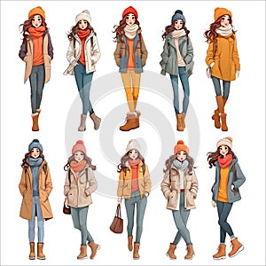 People cartoon characters flat vector illustration set. character set. young women in winter clothes. Street style girl. Stylish