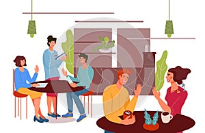People cartoon characters sitting at tables in cafe or coffee house, flat vector illustration.