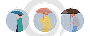 People cartoon characters with umbrella feeling different emotion isolated round composition