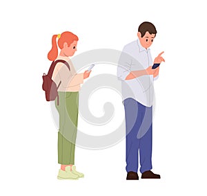 People cartoon characters using smartphone digital device while waiting next turn standing in queue