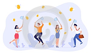 People catch money vector illustration, cartoon flat employee group characters holding nets, jumping, catching flying