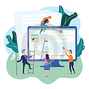 People catching bugs on the web page. IT software application testing, quality assurance, QA team and bug fixing concept. Vector