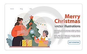 People celebrate christmas web banner or landing page. Cheerful family