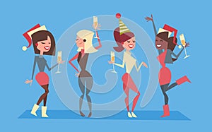 People Celebrate Merry Christmas And Happy New Year Women Group Wear Santa Hats Holiday Eve Party Concept