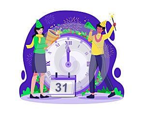 People celebrate new year`s eve with a giant clock showing 12 o`clock at night. A Couple playing with firecrackers and fireworks