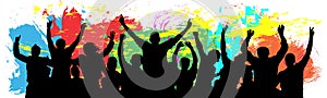 People celebrate silhouette. Cheer youth. Crowd friends cheer. Colorful background vector illustration