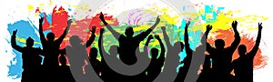 People celebrate silhouette. Cheer youth. Crowd friends cheer. Colorful background vector illustration photo