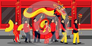 People celebrating Chinese Lunar New Year. Vector illustration. Parade in china town with dragon, lanterns and dances