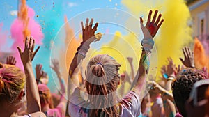 People celebrating Holi festival in India, tourists throwing colorful powder, human hands on paint and sky background. Concept of