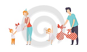 People Celebrating Holidays Set, Parents Giving Gifts to their Kids at Birthday Party Flat Vector Illustration