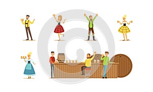 People Celebrating Oktoberfest Set, Men and Women Wearing Traditional Bavarian Clothes Serving Clients at Bar Cartoon