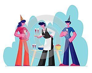 People Celebrating Party. Man and Woman Wearing Festive Hats Holding Glasses with Alcohol Drink Celebrating Holiday