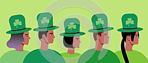 People celebrating st patrick`s day, flat vector stock illustration with green as a symbol of st patrick, group of people in