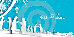 People celebration, forgive each other and shake hands in eid festival with paper cut style