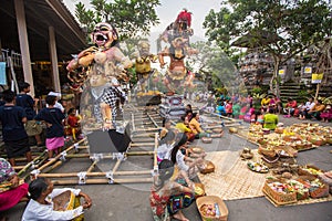 People during the celebration before Nyepi - Balinese Day of Silence. Day Nyepi is also celebrated as New Year