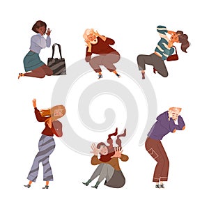 People Character Afraid of Something Feeling Scared and Terrified Screaming and Escaping Vector Illustration Set