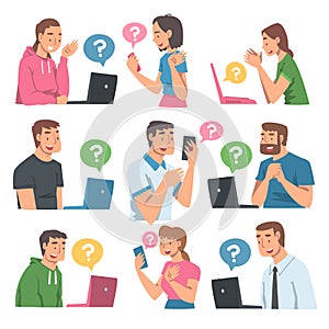 People Character Asking Question Using Internet Search System on Their Smartphone and Laptop Vector Set