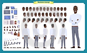 People character business set. Front, side, back view animated character. Black american Businessman character creation set.