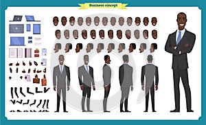 People character business set. Front, side, back view animated character. Black american Businessman character creation set.