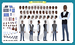 People character business set. Front, side, back view animated character. Black american Businessman character creation set.